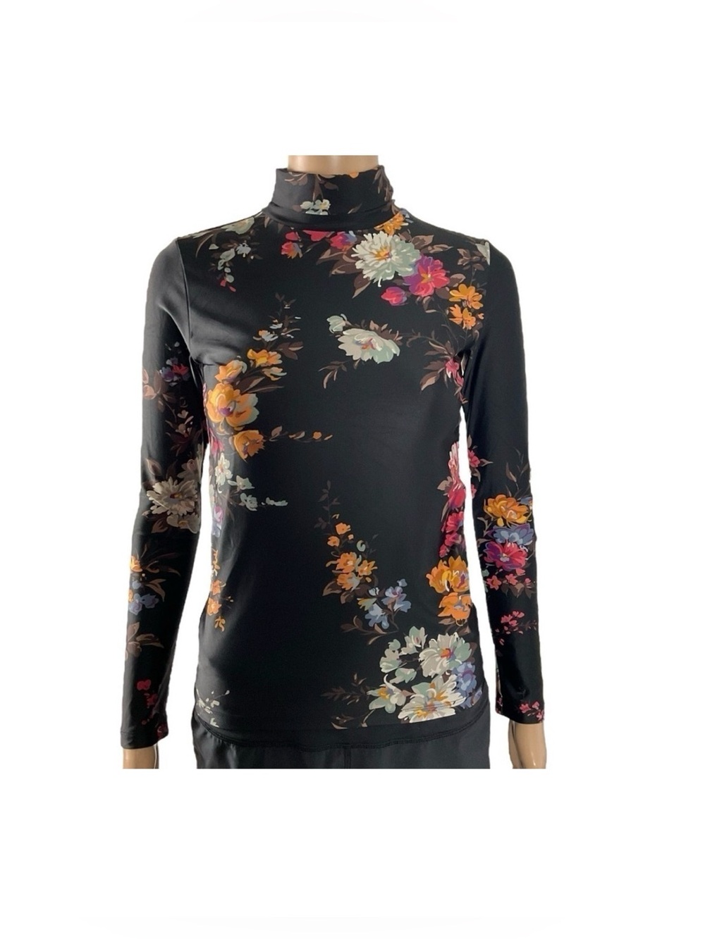 Twin Fantasy Black Floral Mock Neck Long Sleeve Top XS Italian Fabric